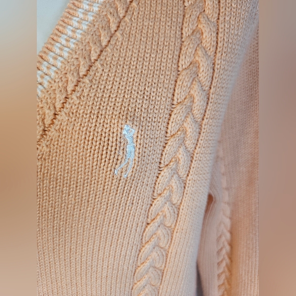 IZOD Cable Knit V Neck Sweater Peach Varsity Stripe Cotton M - Picture 2 of 9